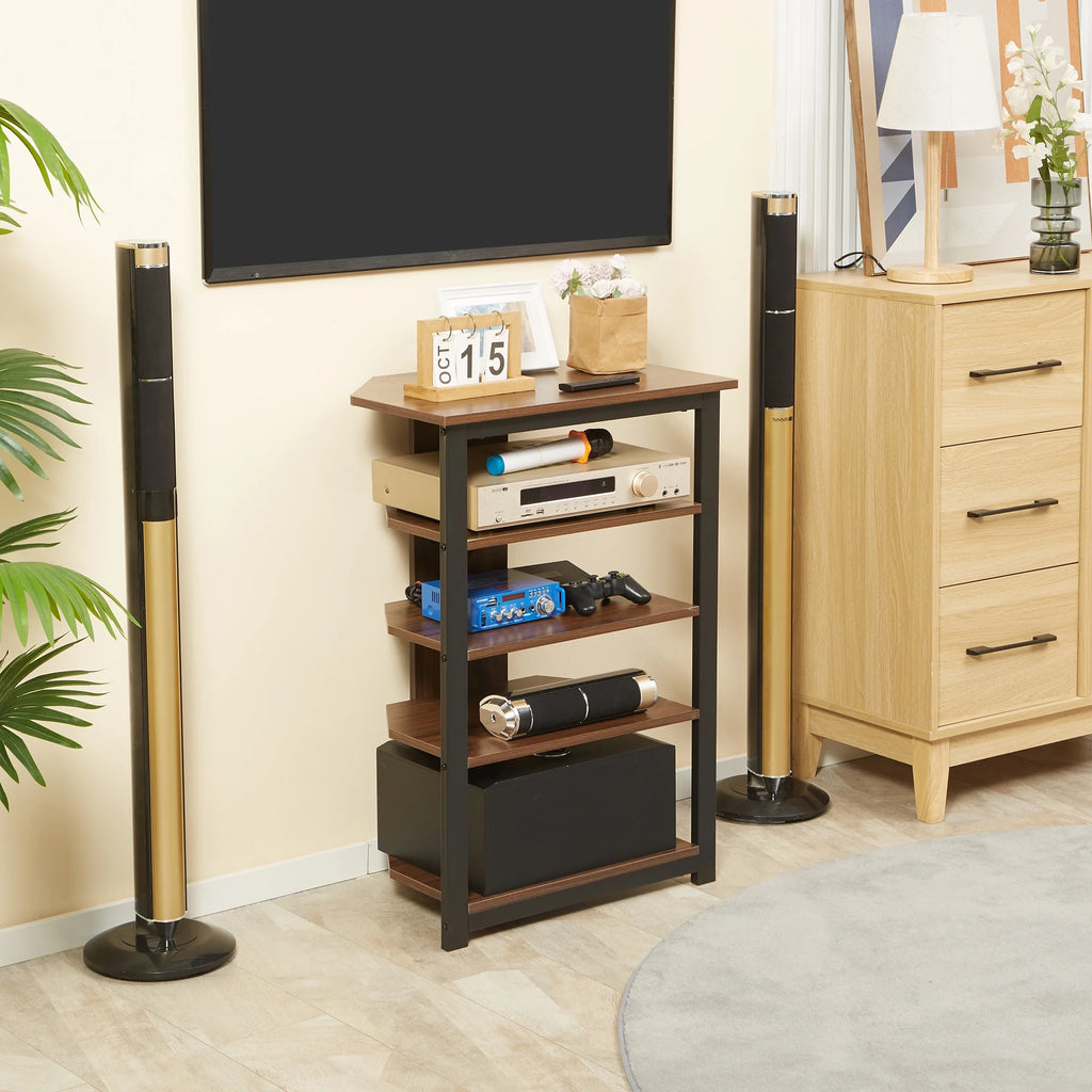 Brown TV Stand with Storage Shelves and Steel Frame P3337