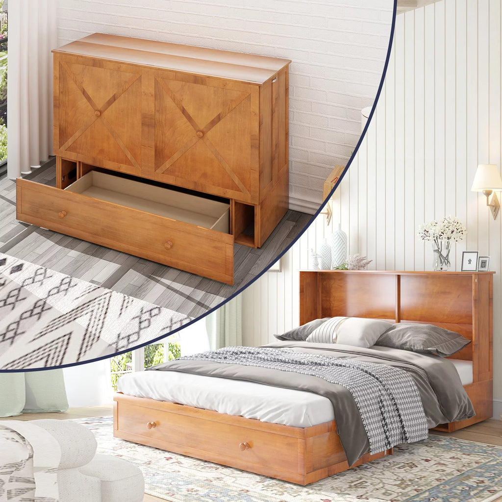 Queen Size Murphy Bed Cabinet with USB Charging Station, Drawer & Folding Mattress G416109