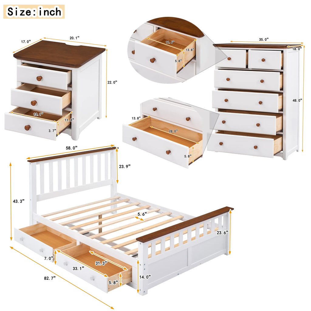 Full Size Platform Bed with Nightstand and Storage Chest, White and Walnut K22547