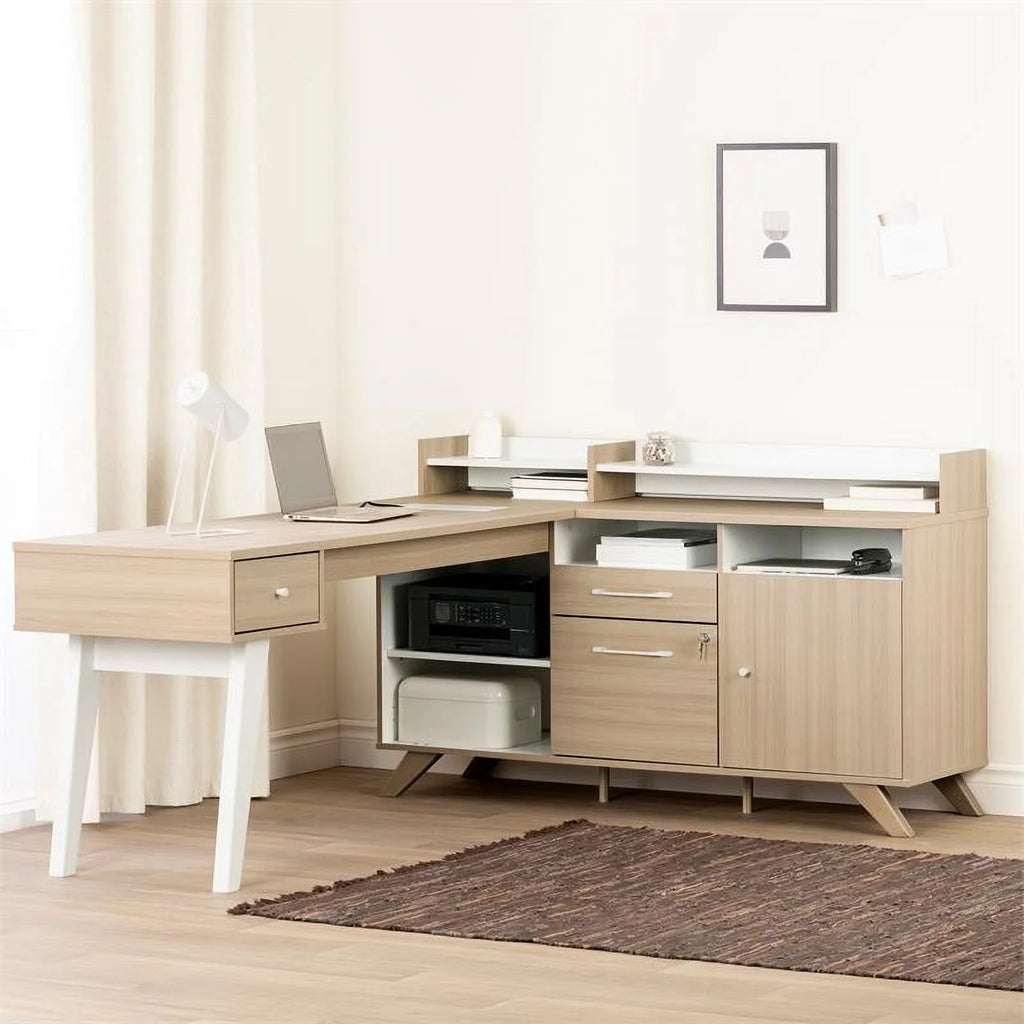 L-Shaped Desk with Power Bar Soft Elm and White Q197160