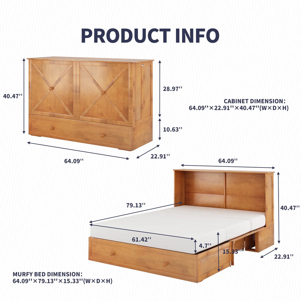 Queen Size Murphy Bed Cabinet with USB Charging Station, Drawer & Folding Mattress G416109