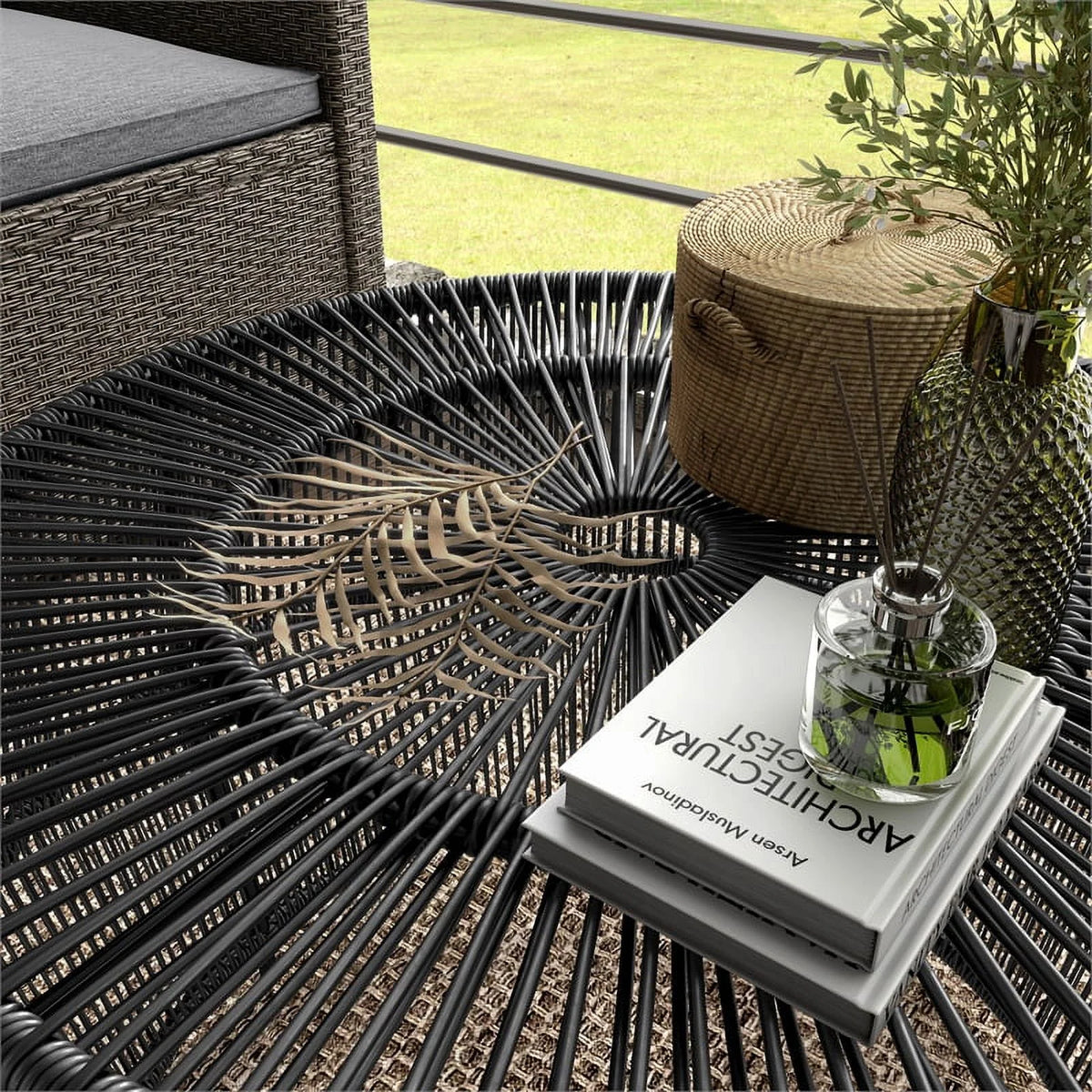 Black Wicker Rattan Round Outdoor Coffee Table K58260