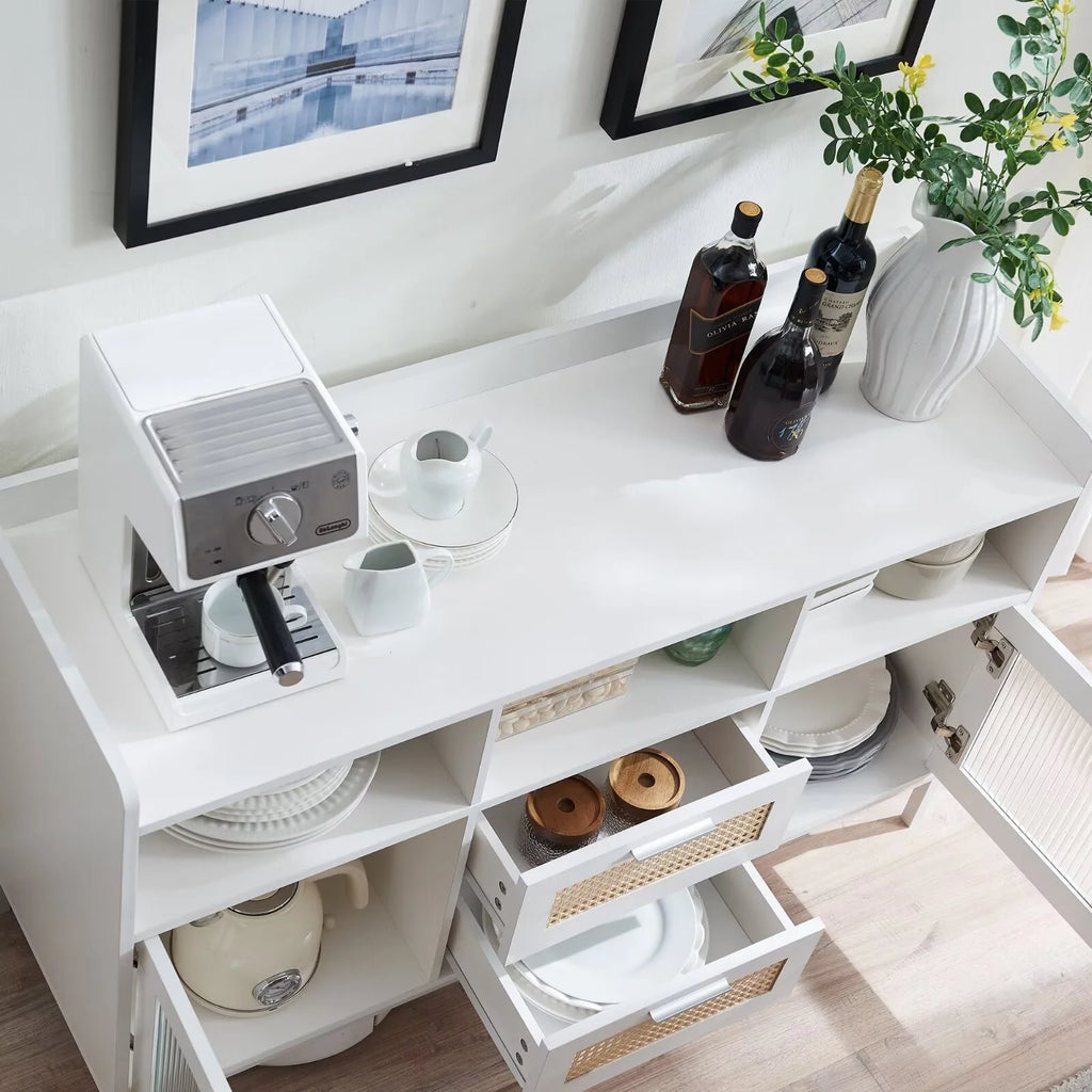 White Buffet Sideboard Cabinet with Acrylic Doors and Rattan Drawer W97608