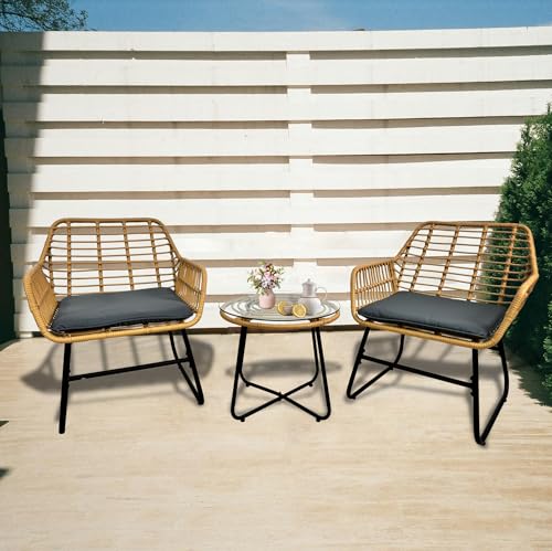 3-Piece Rattan Patio Bistro Set with Grey Cushions U4683
