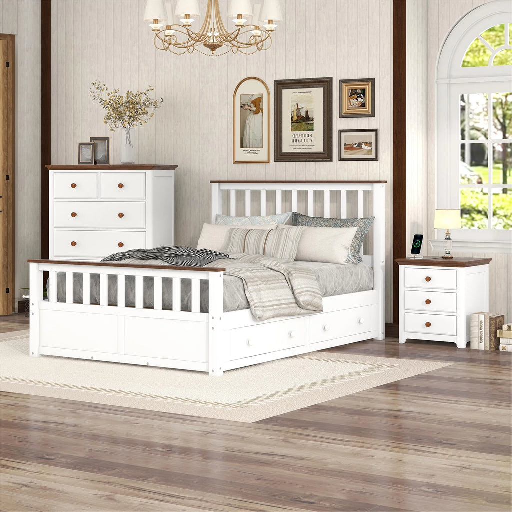 Full Size Platform Bed with Nightstand and Storage Chest, White and Walnut K22547