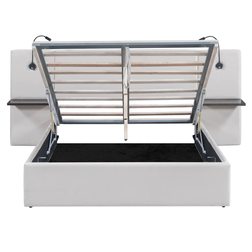 White Upholstered Platform Bed with Lift up Storage and LED Headboard D526729
