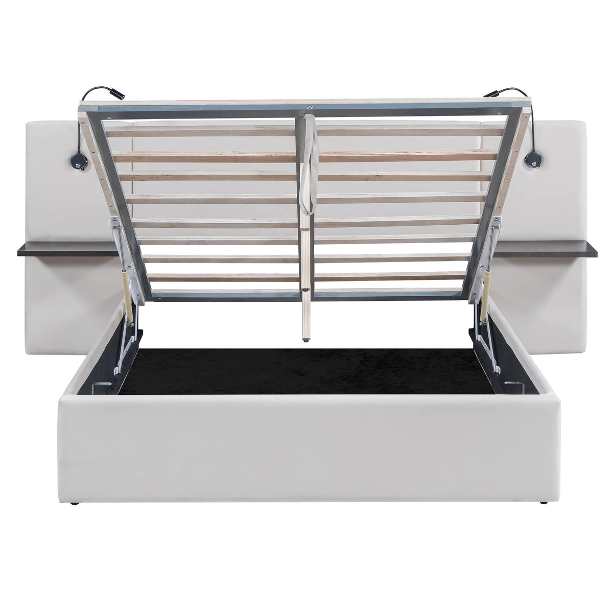 White Upholstered Platform Bed with Lift up Storage and LED Headboard D526729