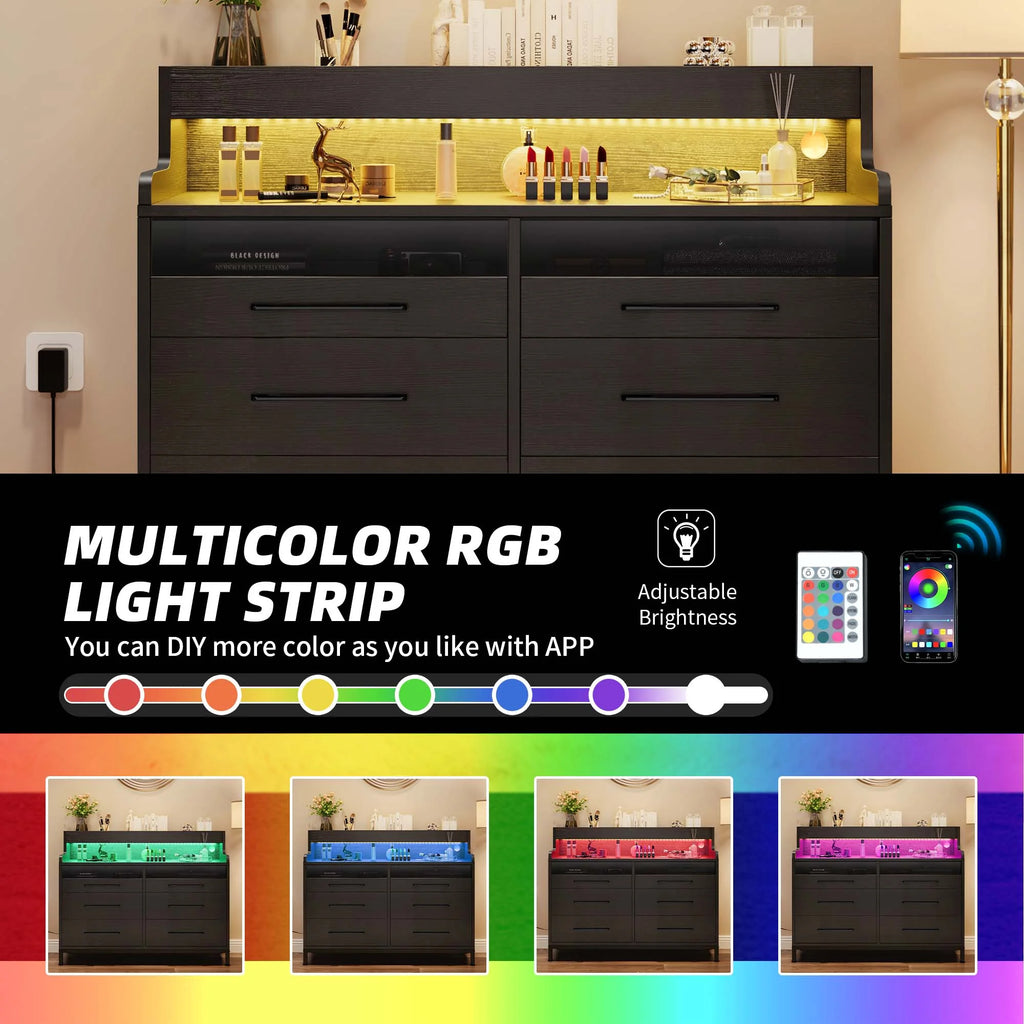Black 6 Drawer Dresser with LED Light and Open Storage O243901