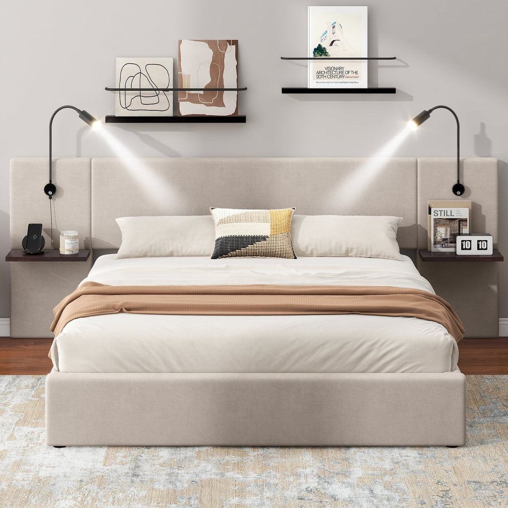 White Upholstered Platform Bed with Lift up Storage and LED Headboard D526729