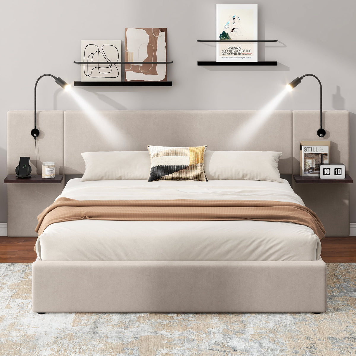 White Upholstered Platform Bed with Lift up Storage and LED Headboard D526729