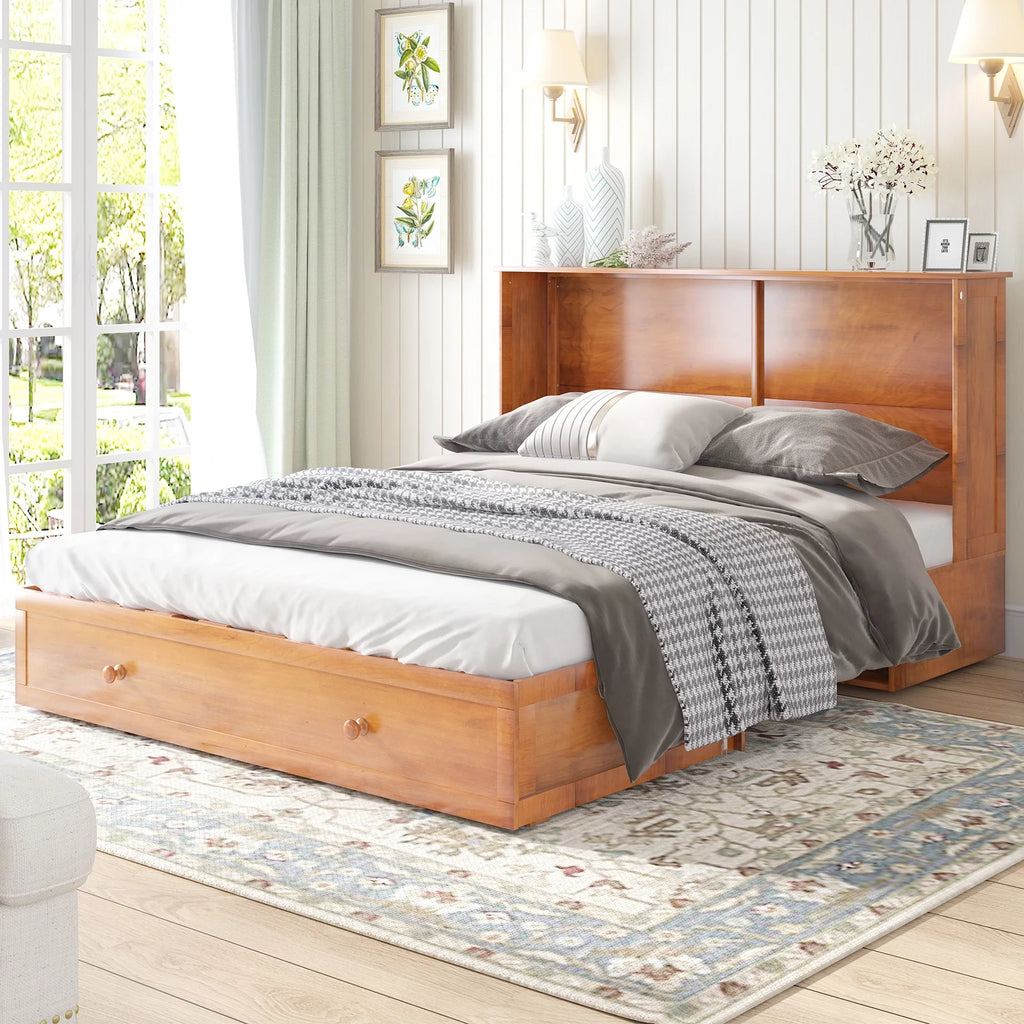 Queen Size Murphy Bed Cabinet with USB Charging Station, Drawer & Folding Mattress G416109