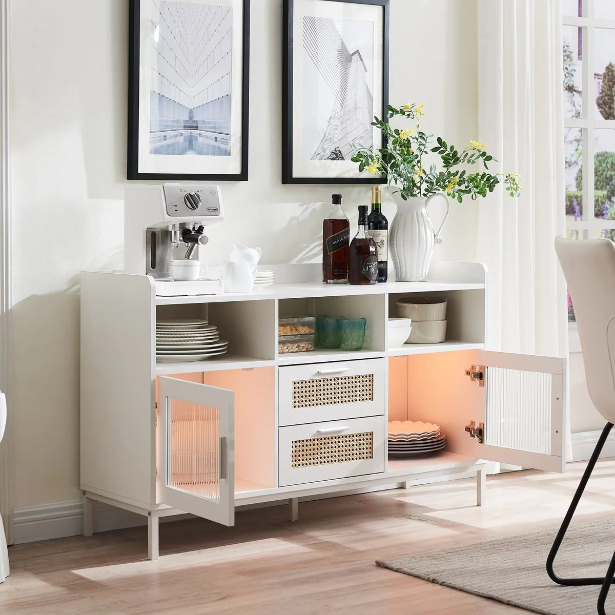 White Buffet Sideboard Cabinet with Acrylic Doors and Rattan Drawer W97608
