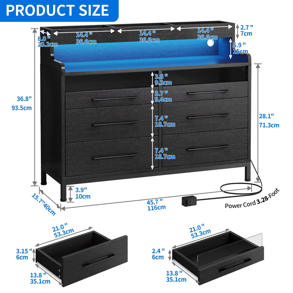 Black 6 Drawer Dresser with LED Light and Open Storage O243901