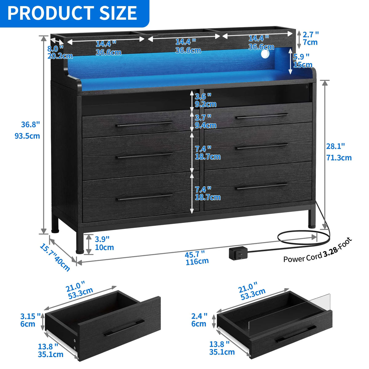 Black 6 Drawer Dresser with LED Light and Open Storage O243901