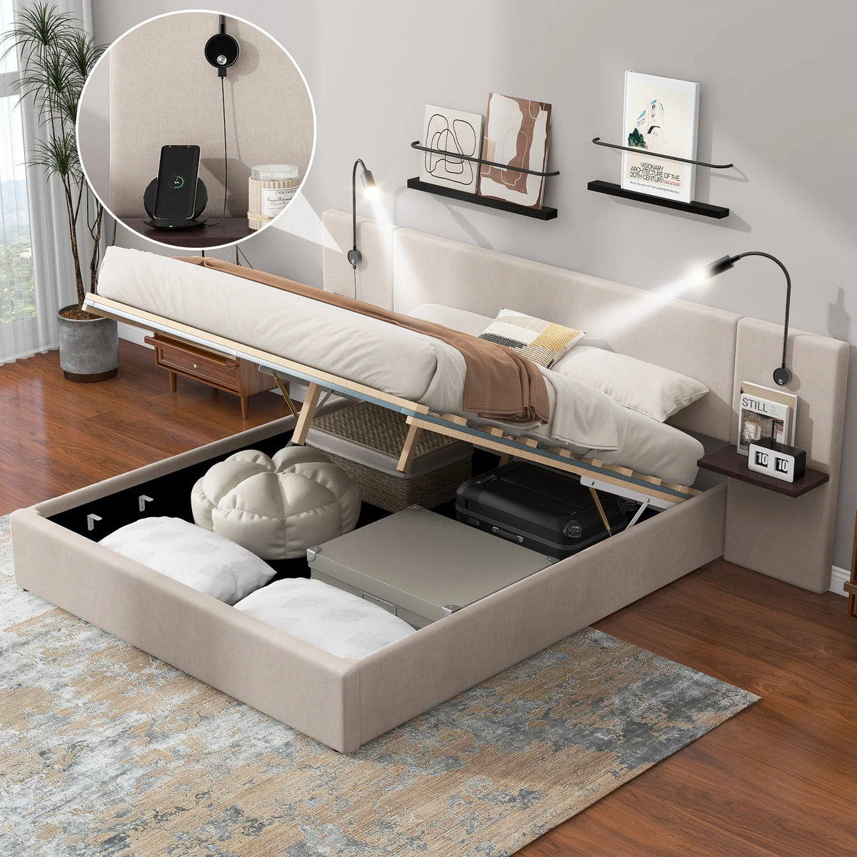 White Upholstered Platform Bed with Lift up Storage and LED Headboard D526729