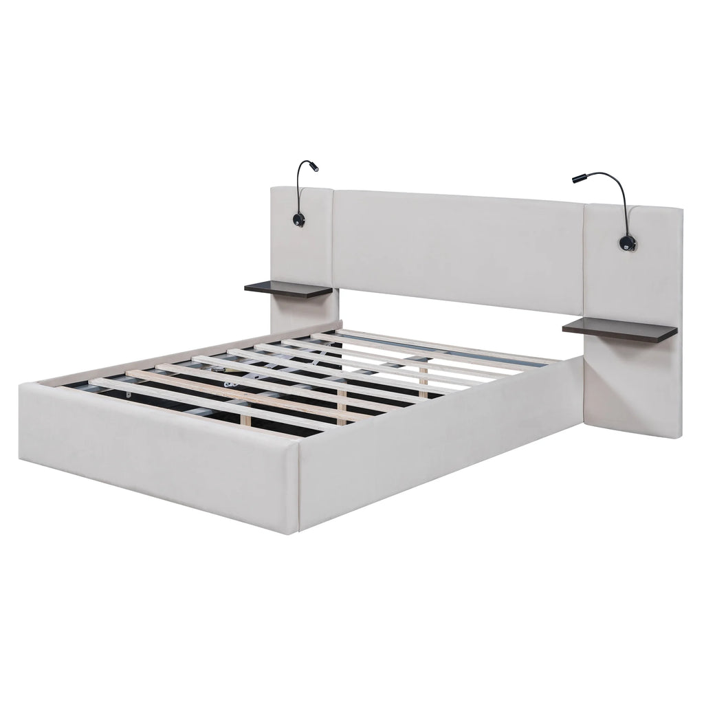 White Upholstered Platform Bed with Lift up Storage and LED Headboard D526729