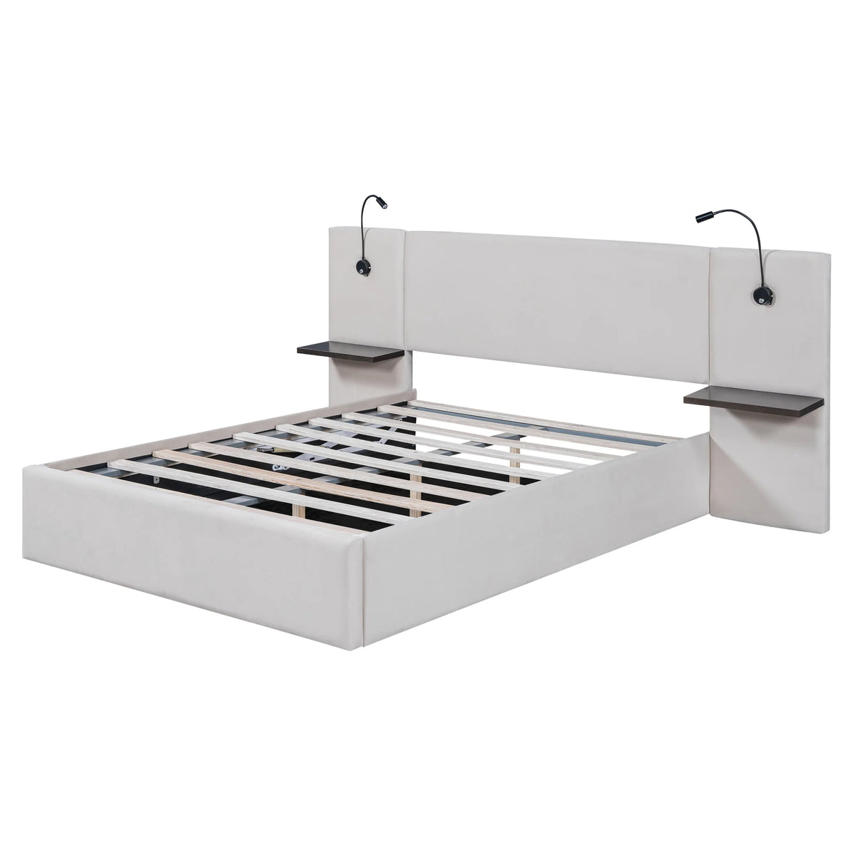 White Upholstered Platform Bed with Lift up Storage and LED Headboard D526729