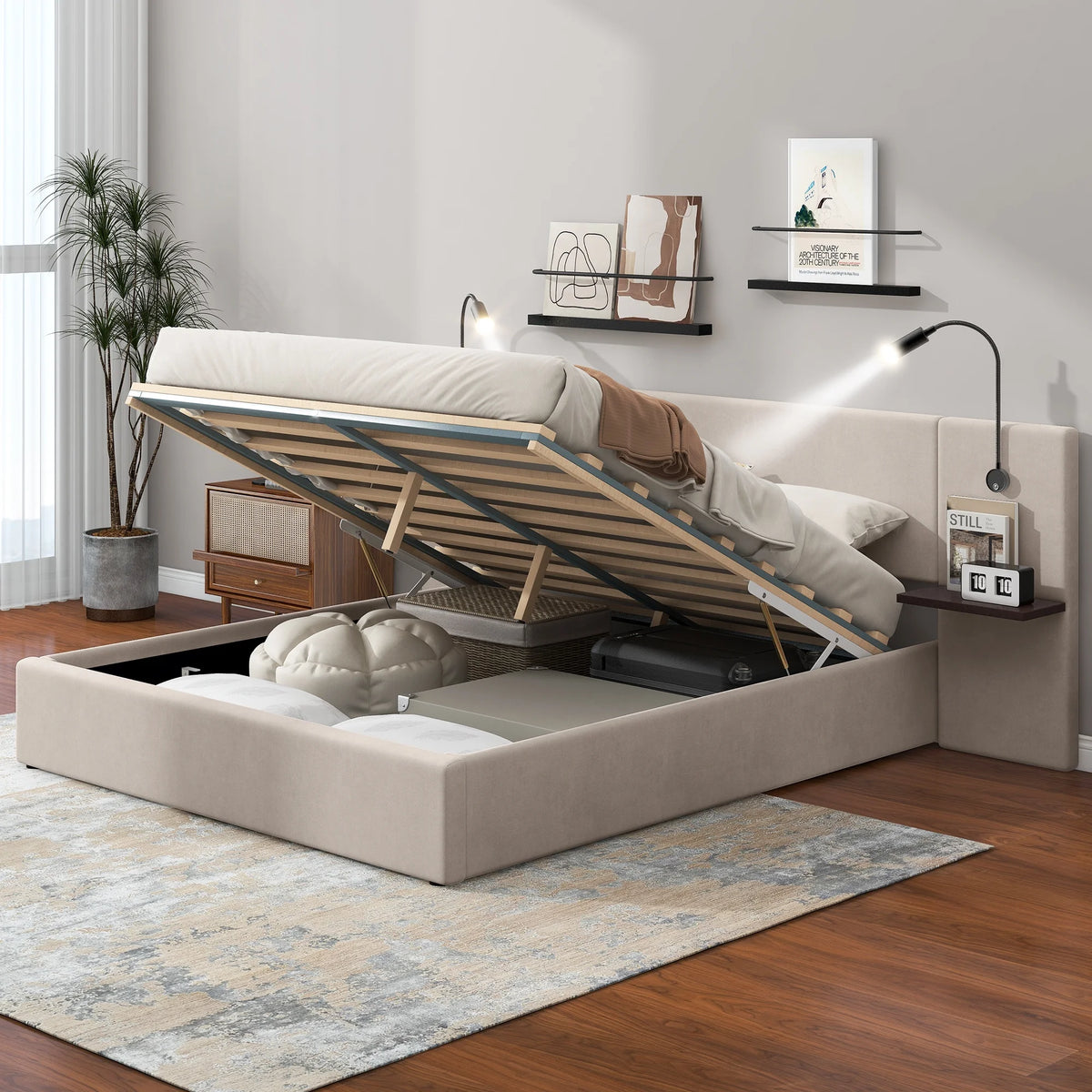 White Upholstered Platform Bed with Lift up Storage and LED Headboard D526729