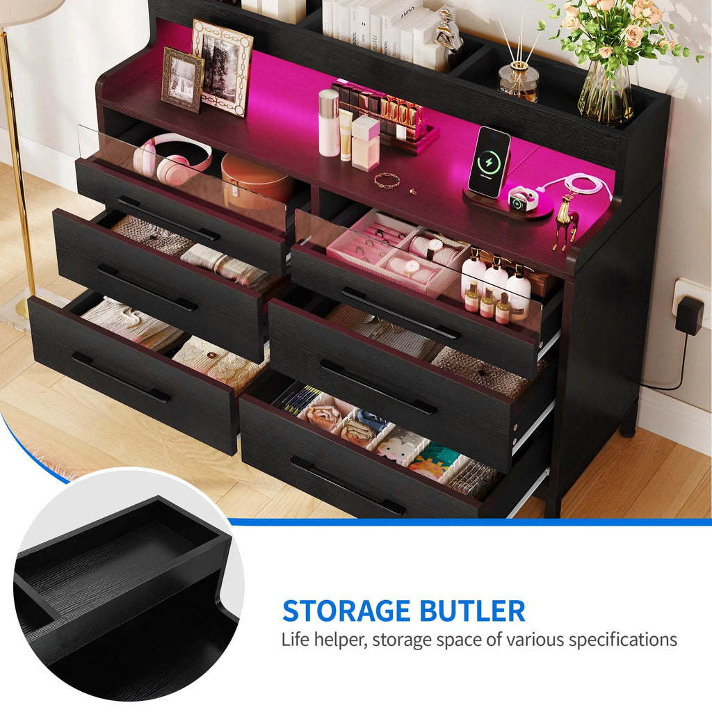 Black 6 Drawer Dresser with LED Light and Open Storage O243901