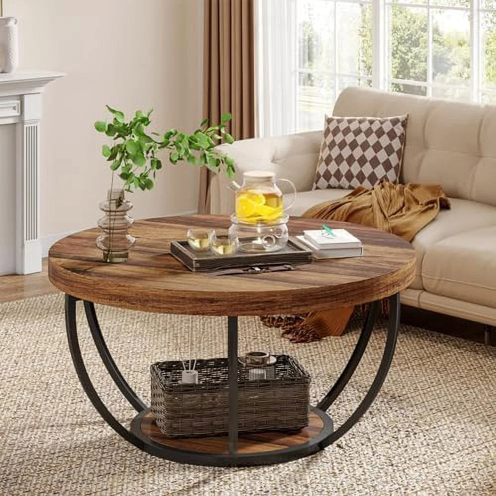Round 2-Tier Wooden Coffee Table with Shelves C37415