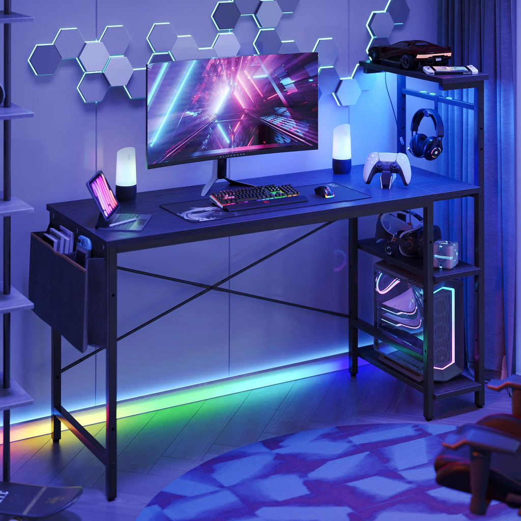 52 inch Black Gaming Computer Desk with LED Lights & Shelves N9240
