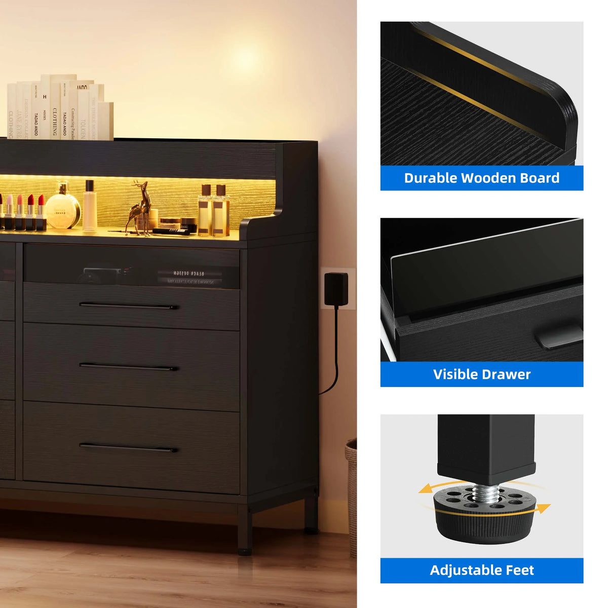 Black 6 Drawer Dresser with LED Light and Open Storage O243901