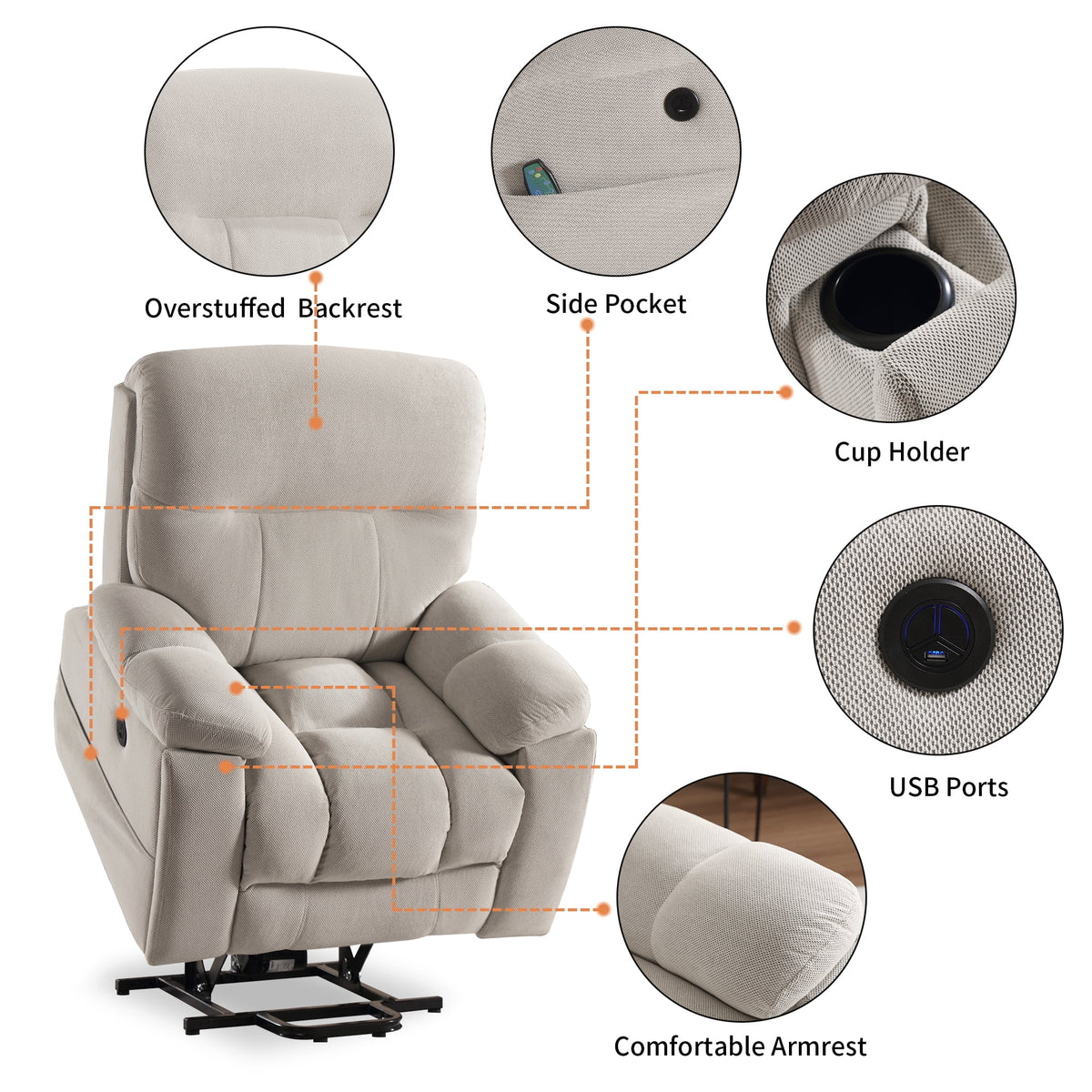 Large Power Lift Recliner Chair with Massage and Heat, Beige A264593