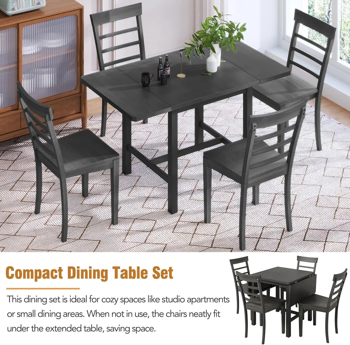 Wood Drop Leaf Dining Table Set with 4 Ladder Back Chairs Grey U75351