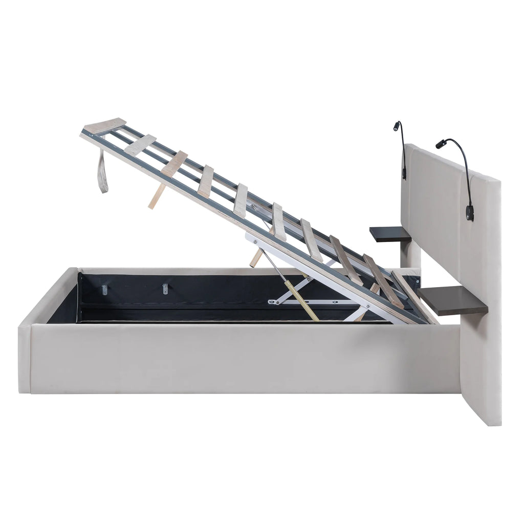 White Upholstered Platform Bed with Lift up Storage and LED Headboard D526729
