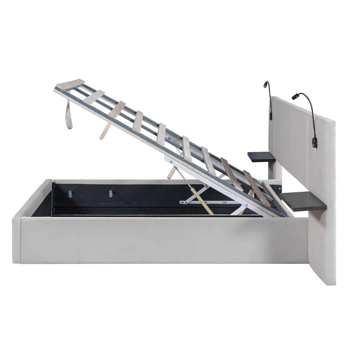 White Upholstered Platform Bed with Lift up Storage and LED Headboard D526729
