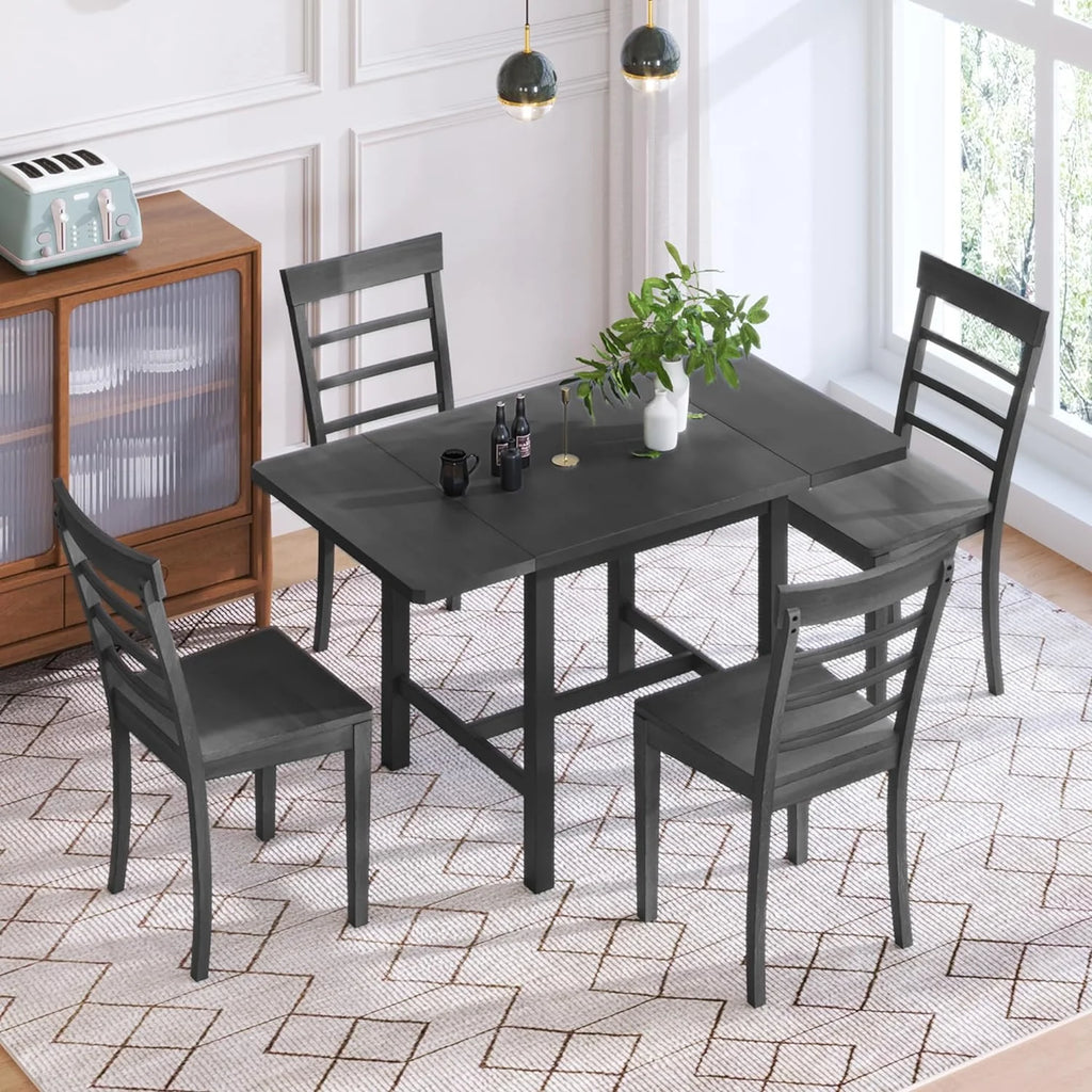 Wood Drop Leaf Dining Table Set with 4 Ladder Back Chairs Grey U75351