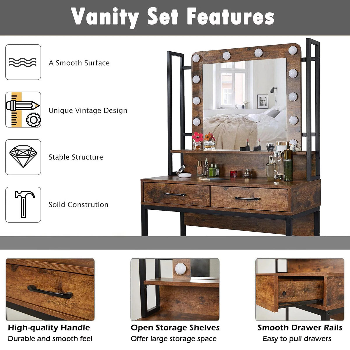 Rustic Vanity Set with Adjustable Lights, 3 Drawers, Brown B941264