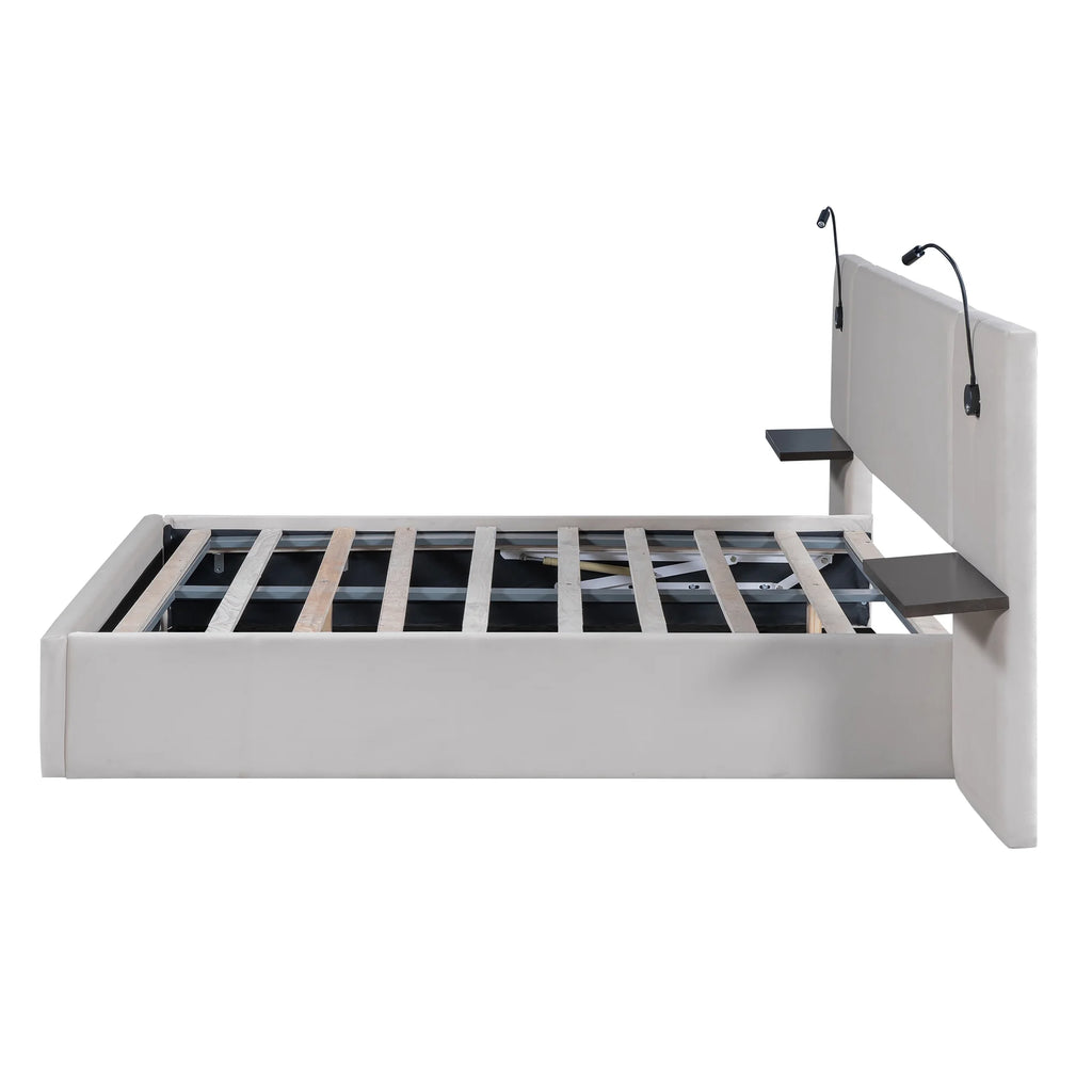 White Upholstered Platform Bed with Lift up Storage and LED Headboard D526729