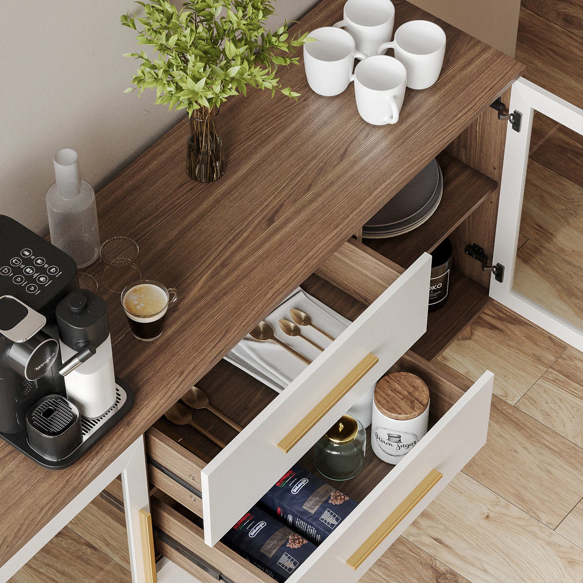 White Sideboard Buffet Cabinet with 3 Drawers & 2 Doors V1295