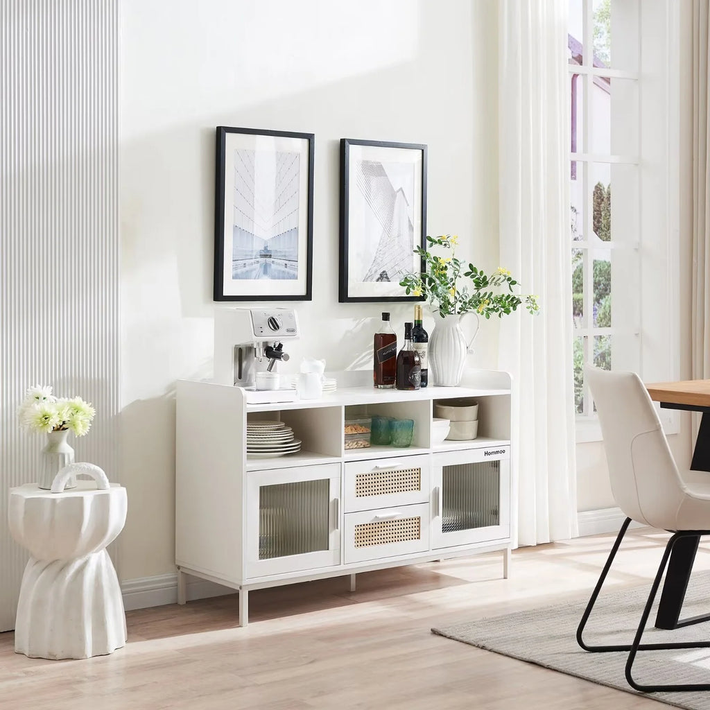 White Buffet Sideboard Cabinet with Acrylic Doors and Rattan Drawer W97608