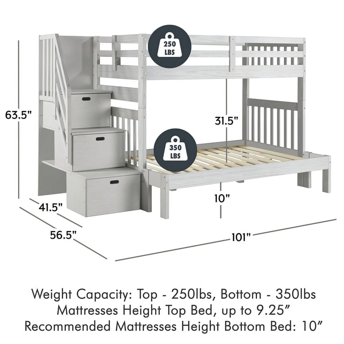 Twin-over-Full Wood Bunk Bed with Staircase S316