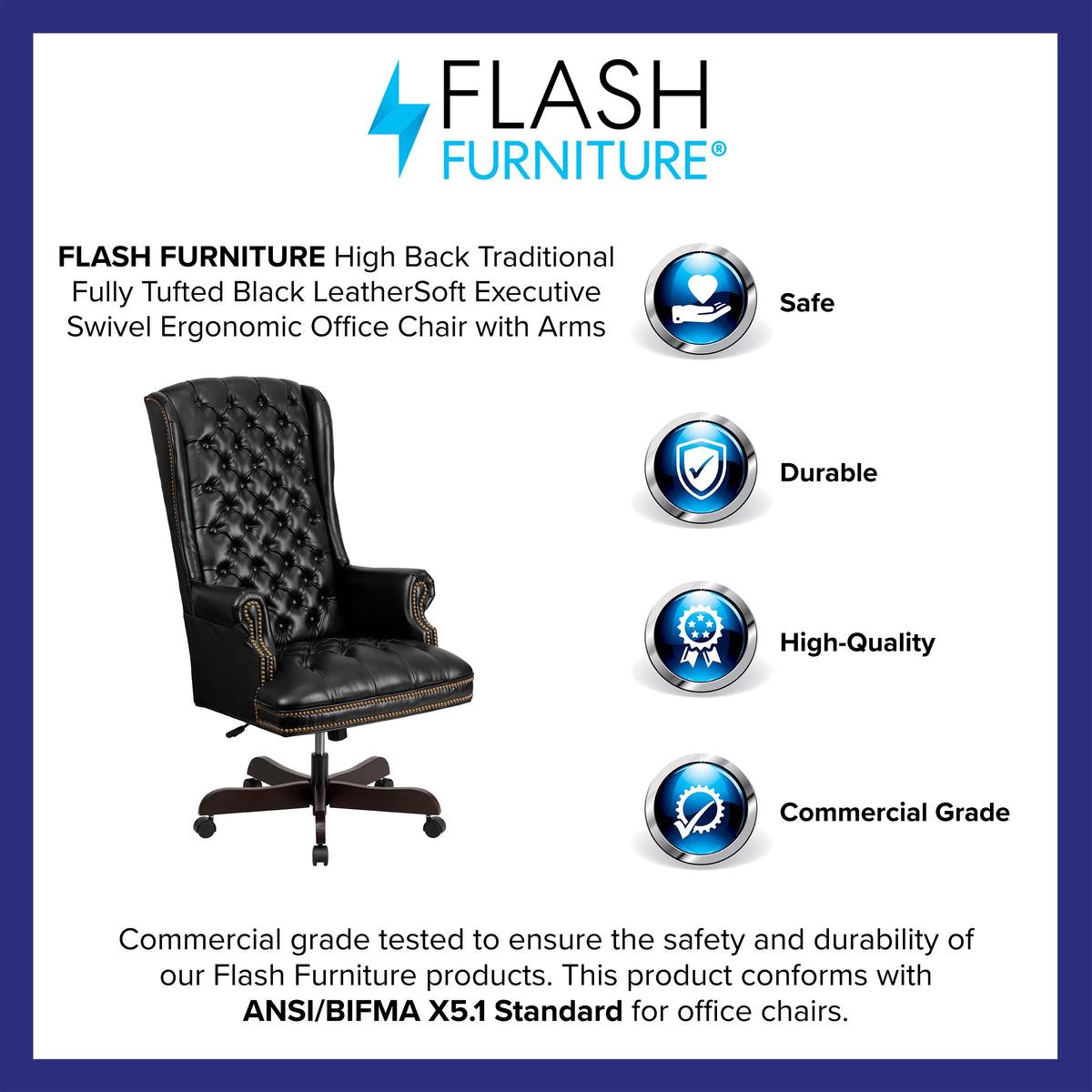 Black Tufted LeatherSoft Ergonomic Office Chair with Arms I789887