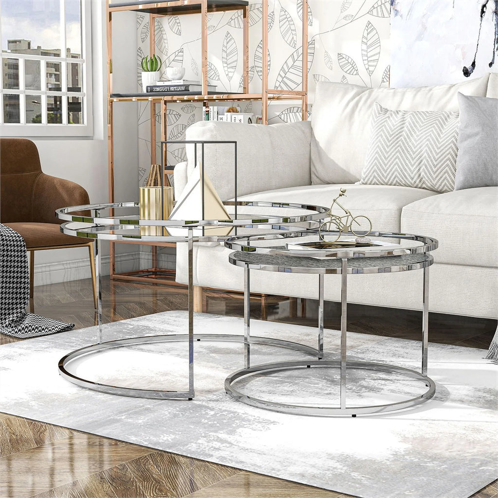 Metal Glass Top 2-Piece Nesting Tables Set C201053