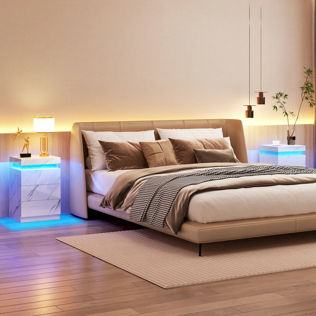 Set of 2 LED Nightstand with 3 Drawers A995