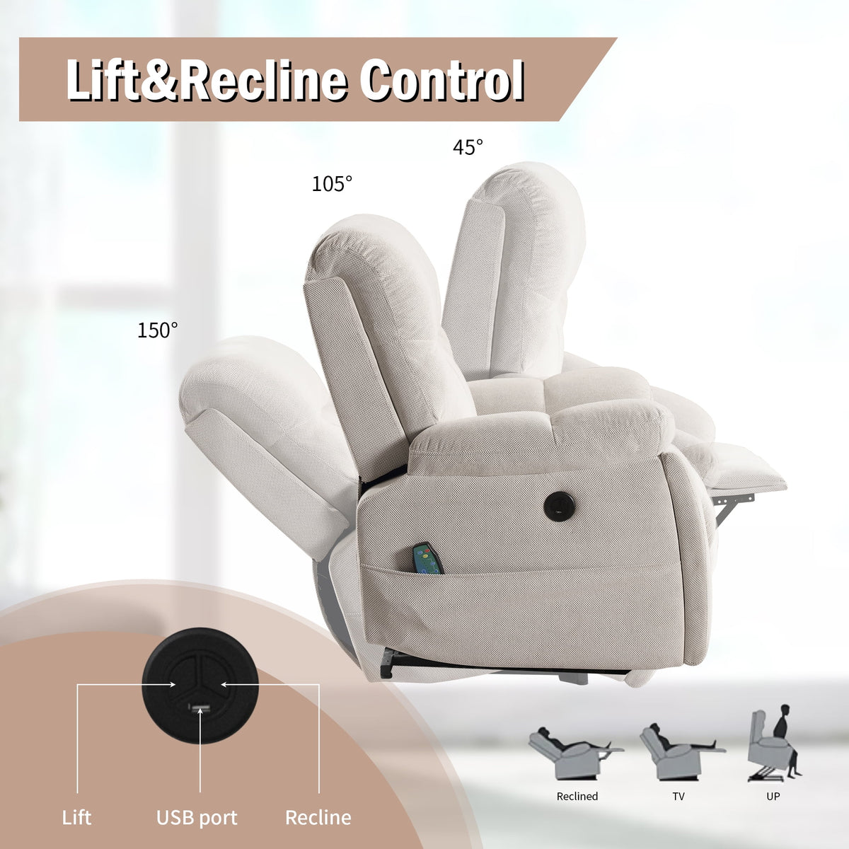Large Power Lift Recliner Chair with Massage and Heat, Beige A264593