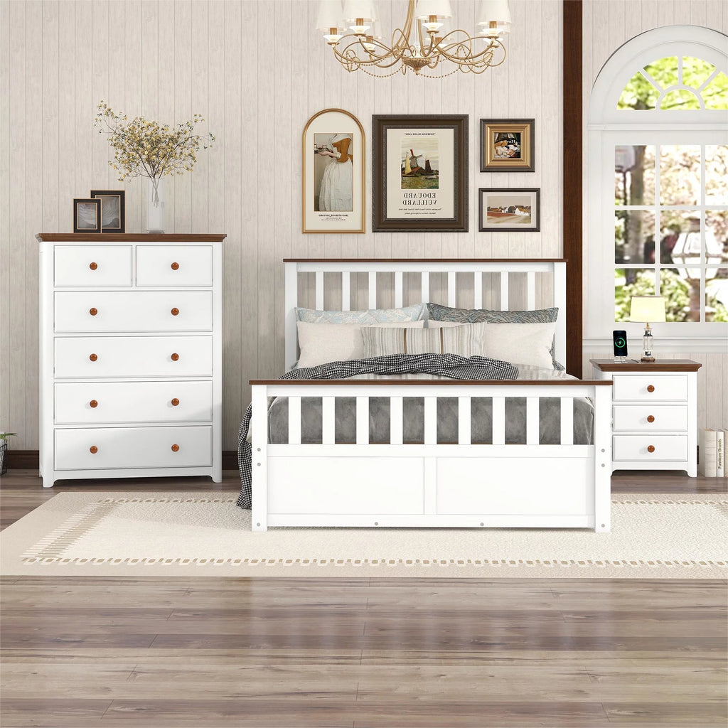 Full Size Platform Bed with Nightstand and Storage Chest, White and Walnut K22547