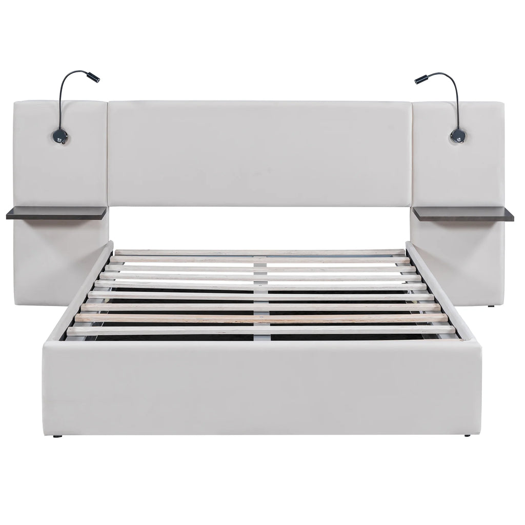 White Upholstered Platform Bed with Lift up Storage and LED Headboard D526729