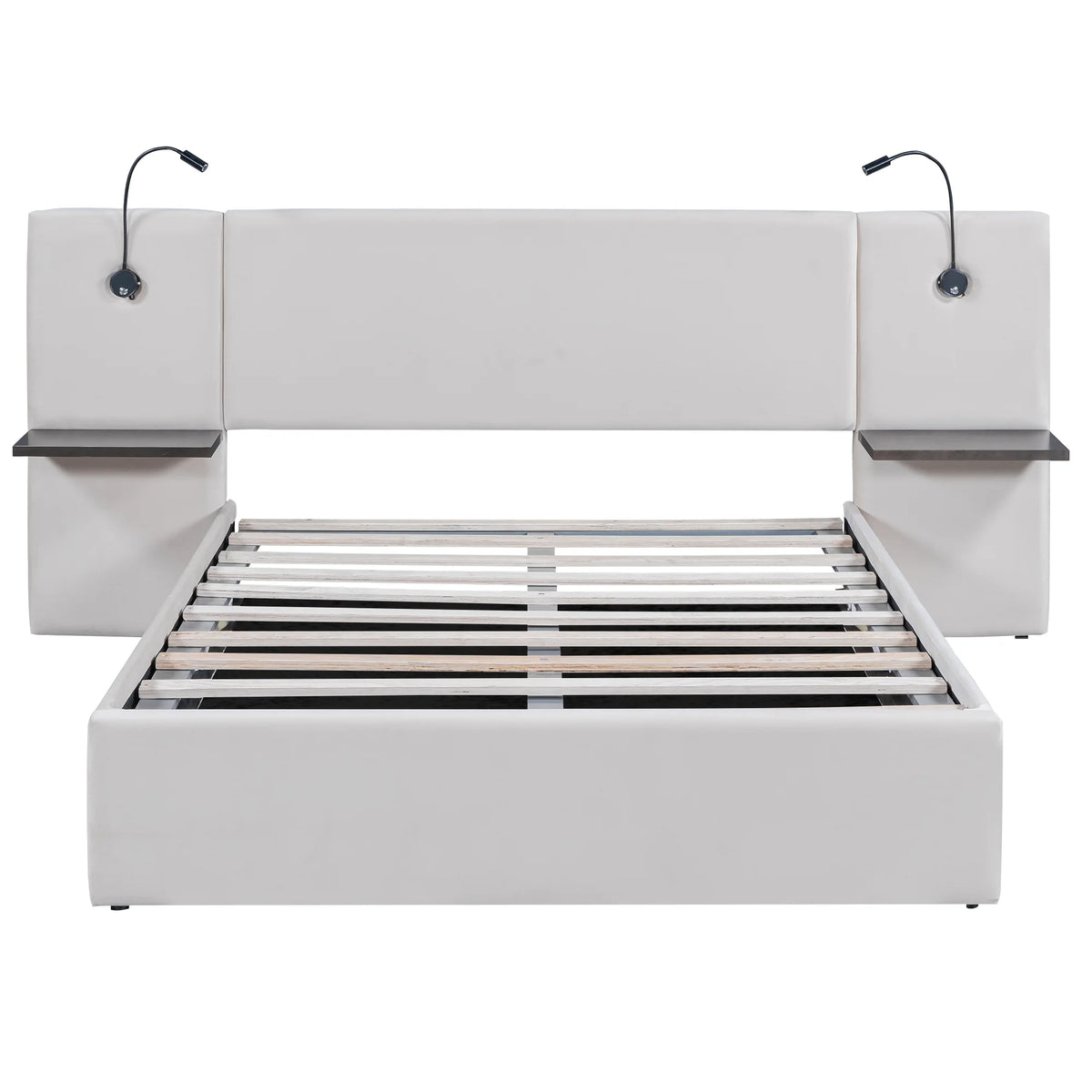 White Upholstered Platform Bed with Lift up Storage and LED Headboard D526729